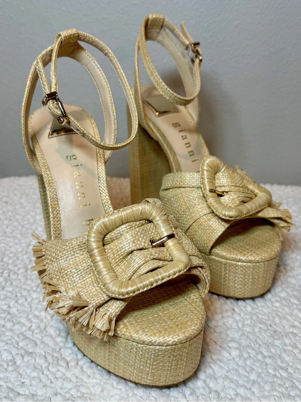 Gianni Bini Raffia Mismatched Buckle Platform Heels